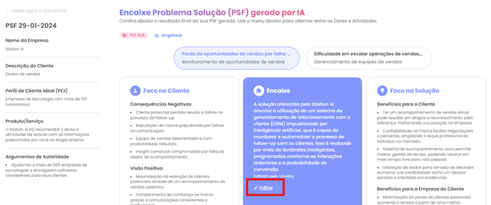 Edição do encaixe Problema-Solução com botões Editar e Salvar