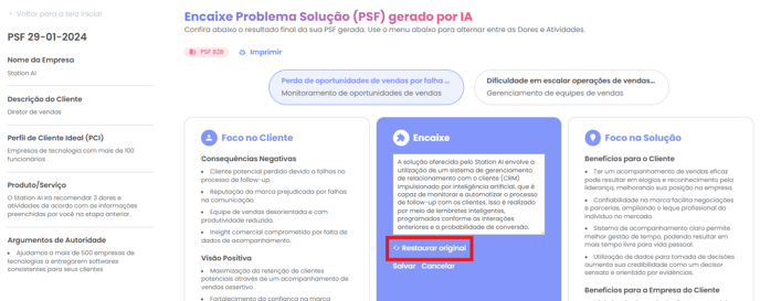 Sinalização de encaixe editado e opção Restaurar original
