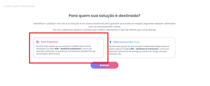 Seleção do modelo Para Empresas (B2B)