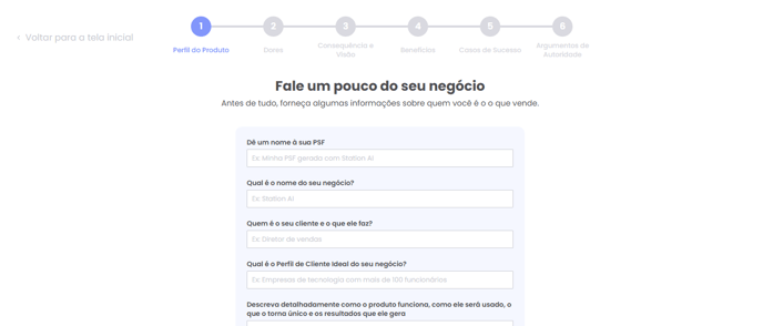 Formulário do Perfil do Produto na criação do PSF B2B