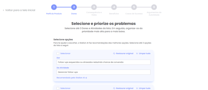 Lista de 10 dores geradas com recomendação de 3 na etapa Dores