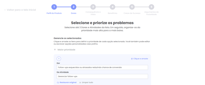 Ordenação e edição das dores selecionadas por prioridade