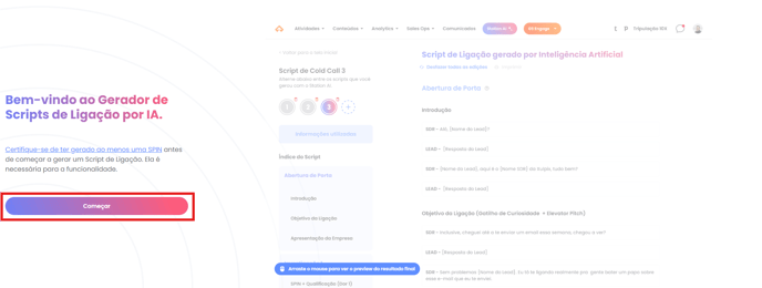 Botão Começar para iniciar a criação do script