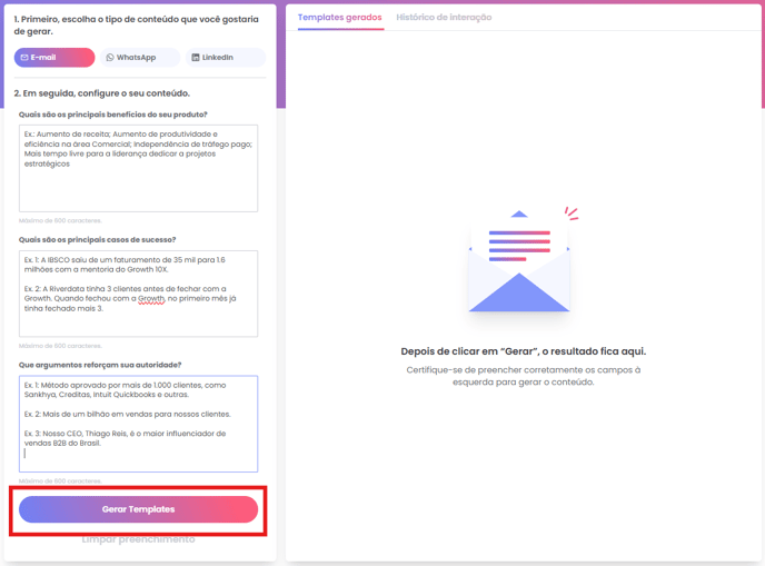 Botão Gerar Templates no gerador de e-mail