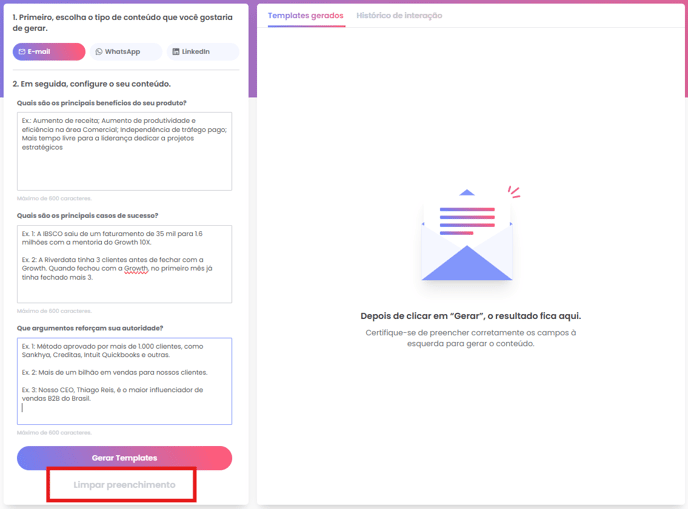 Opção Limpar preenchimento abaixo do botão Gerar templates