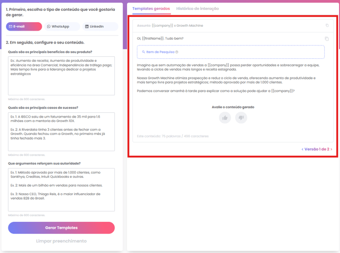 Template de e-mail gerado exibido na janela à direita
