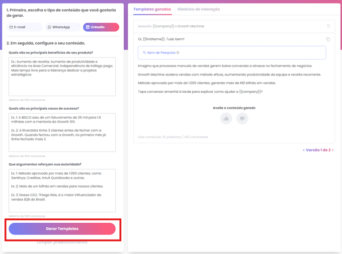 Botão Gerar Templates no gerador LinkedIn