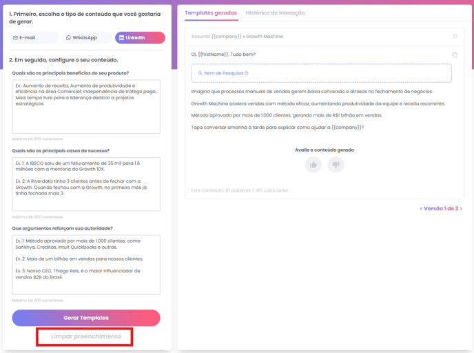 Opção Limpar preenchimento no gerador LinkedIn
