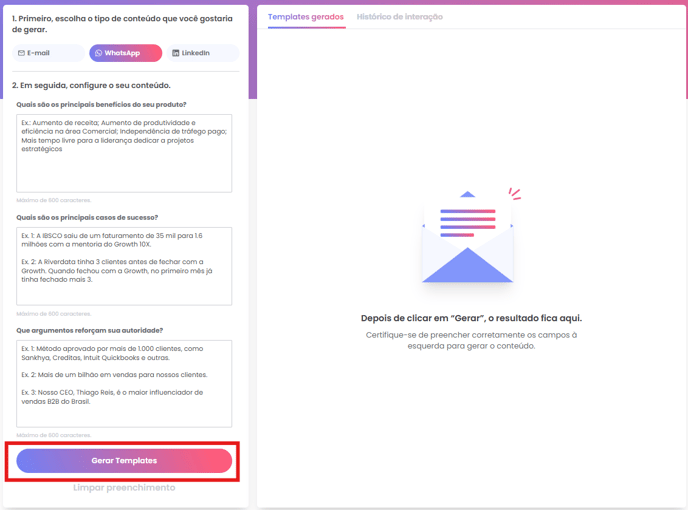 Botão Gerar Templates no gerador WhatsApp