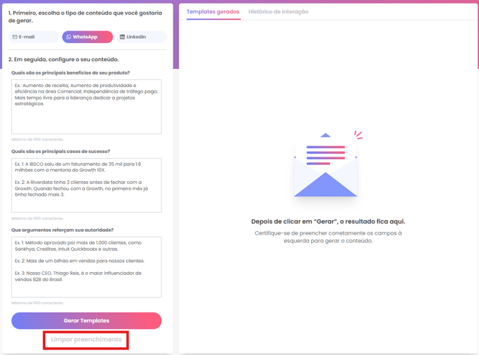 Opção Limpar preenchimento no gerador WhatsApp