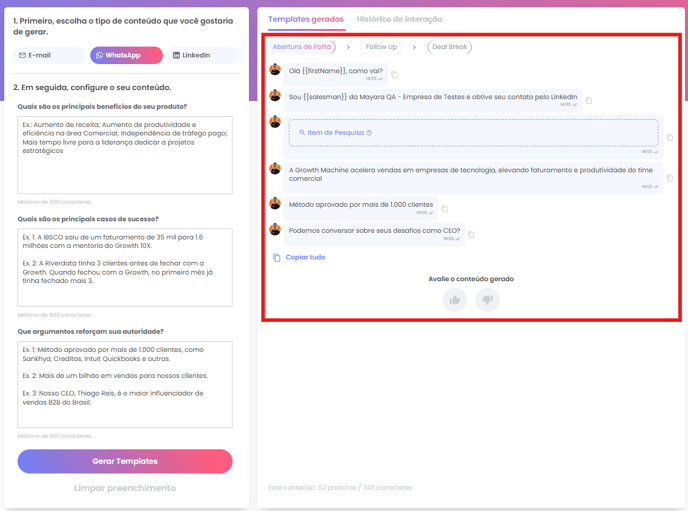 Template de Social Point WhatsApp gerado na janela à direita