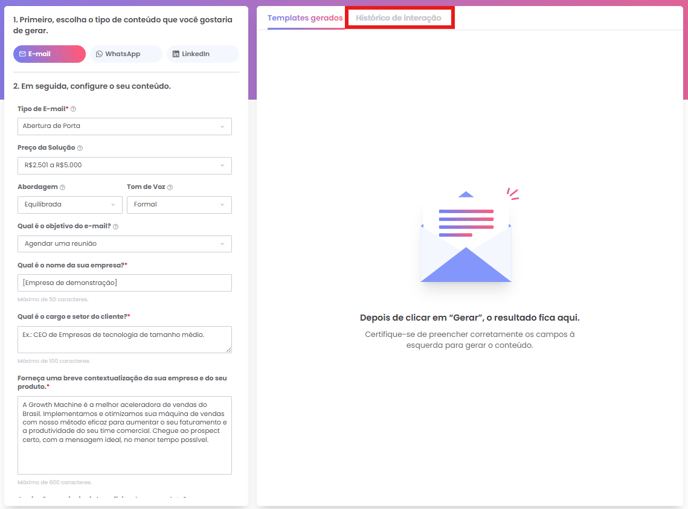 Botão Histórico de interação no gerador de templates