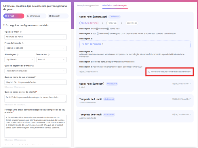 Opção Restaurar inputs com base neste modelo no template selecionado