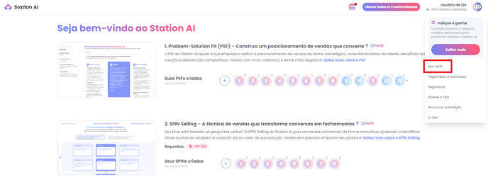 Menu do perfil aberto com a opção Seu Perfil destacada no canto superior direito