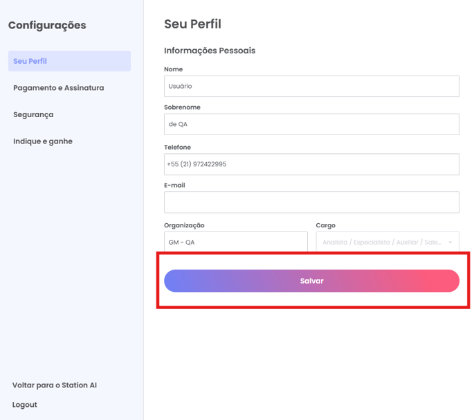Tela de edição do perfil com os campos Nome, Sobrenome, Telefone, E-mail e Organização