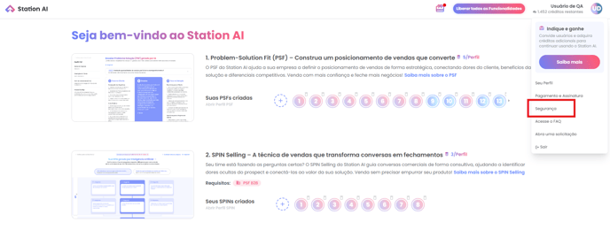 Menu do perfil aberto com a opção Segurança destacada