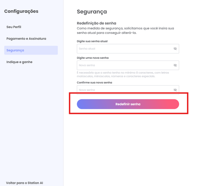 Formulário de redefinição de senha com os campos de senha atual e nova senha
