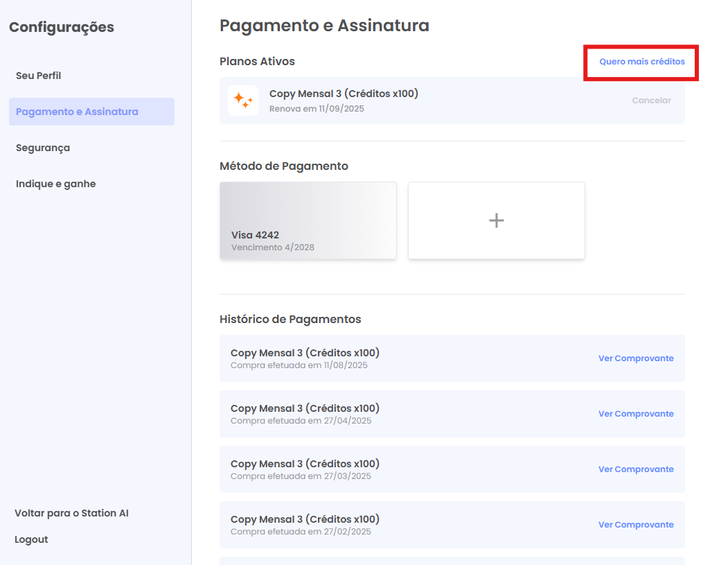 Seção Planos Ativos com o botão Quero mais créditos
