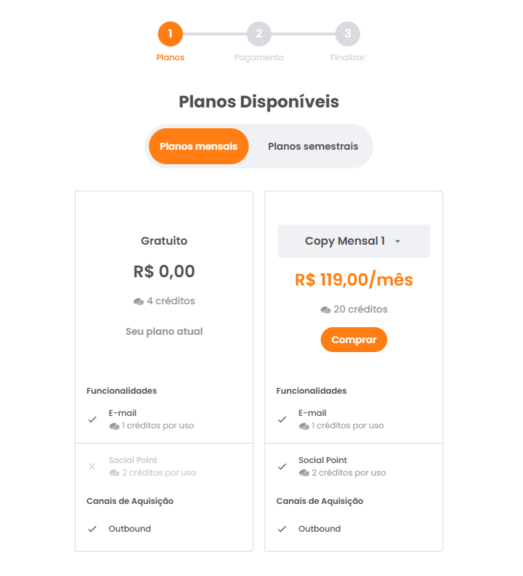 Página de compra de plano de créditos com a opção Comprar