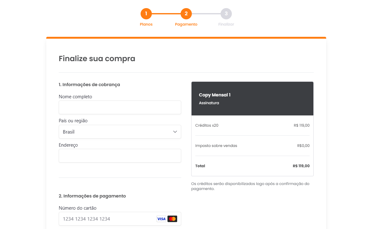 Formulário de cobrança e pagamento do plano de créditos