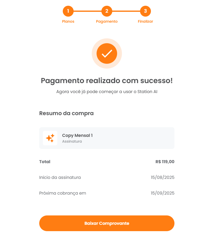 Comprovante de pagamento do plano de créditos