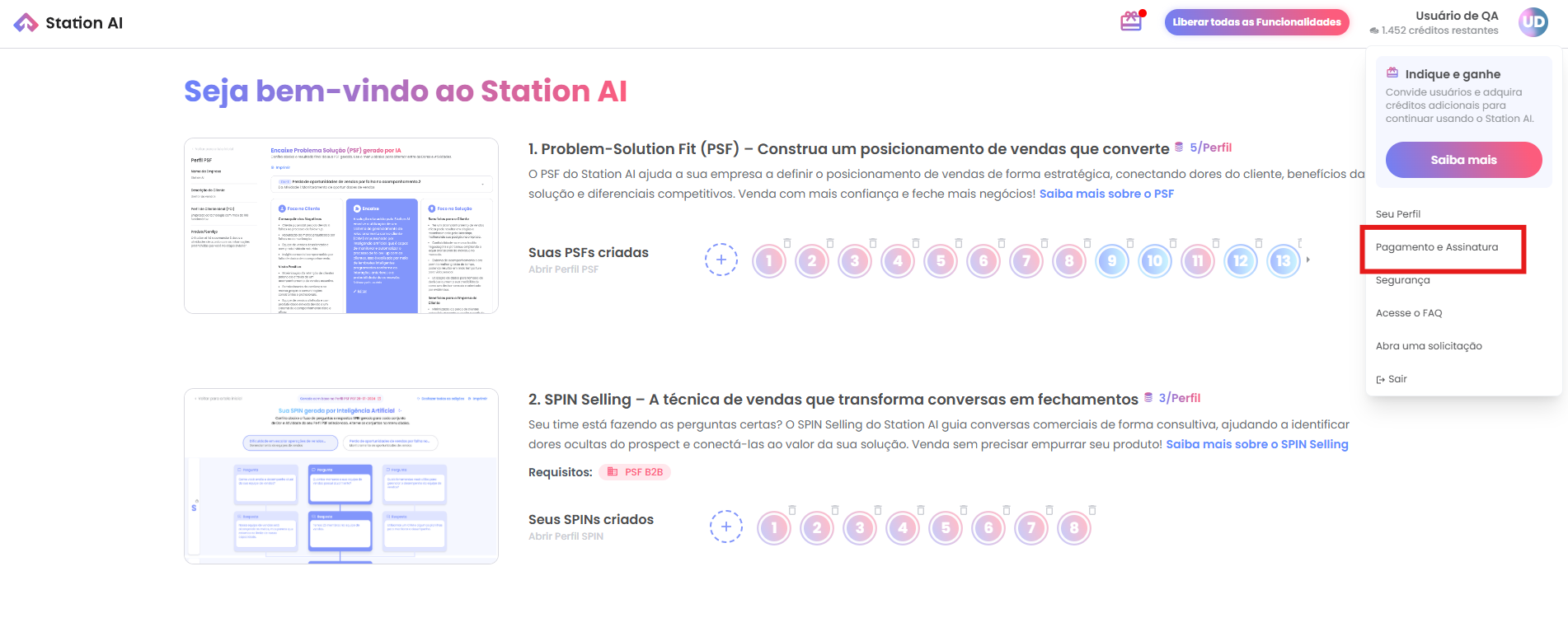 Menu do perfil com a opção Pagamento e Assinatura destacada