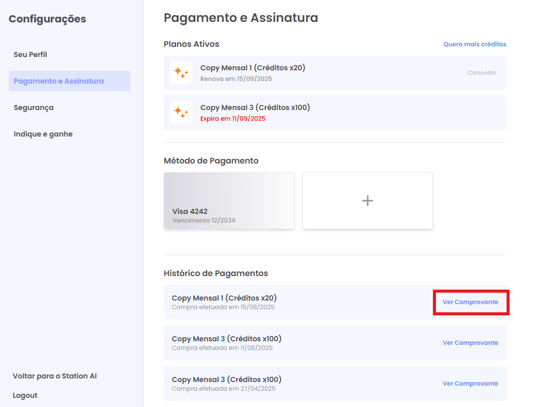 Seção Histórico de Pagamento com o botão Ver Comprovante em uma compra