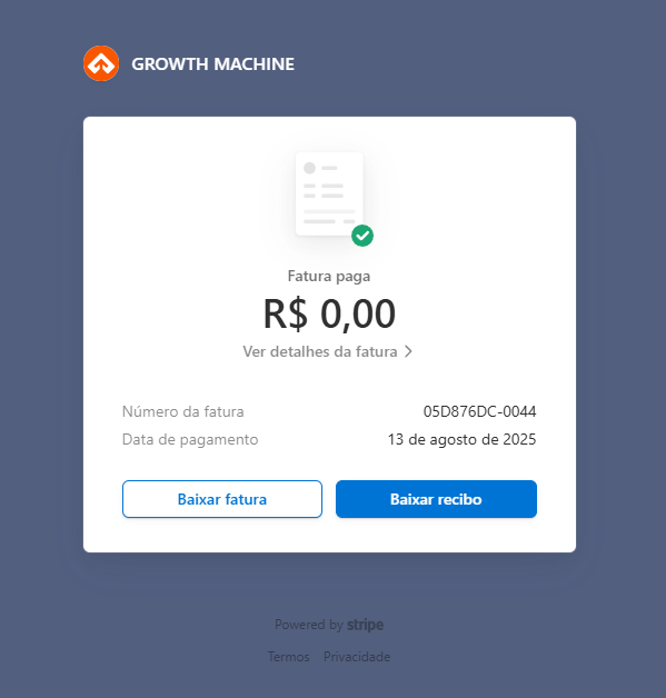 Resumo da compra de créditos com a opção Baixar recibo