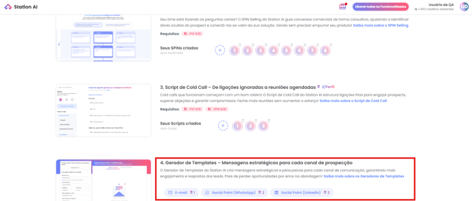 Página inicial do Station AI com os geradores de templates