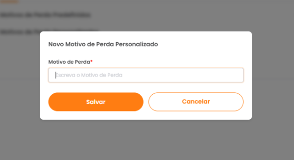 Modal com o campo de nome do novo motivo de perda