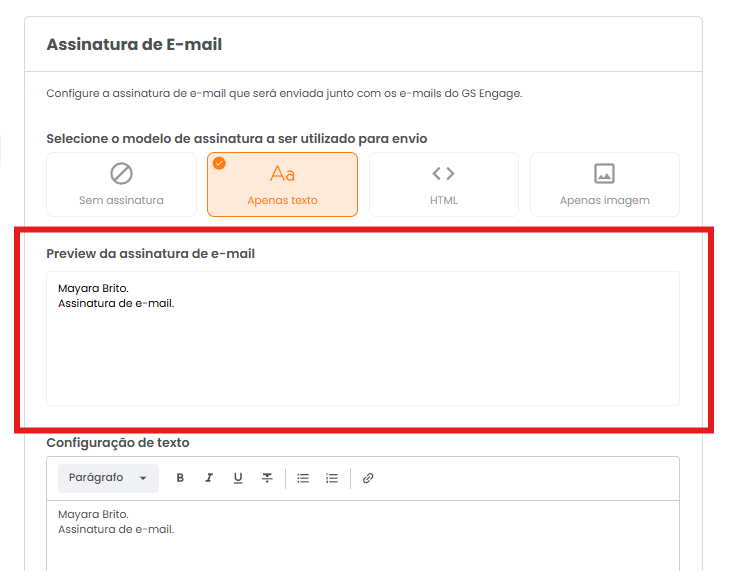 Preview da assinatura na página de Assinatura de E-mail