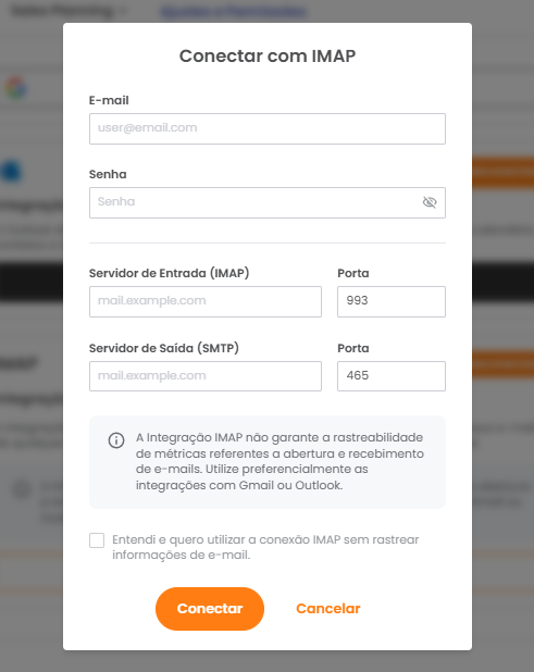 Modal de integração IMAP com campos de e-mail, senha e servidores