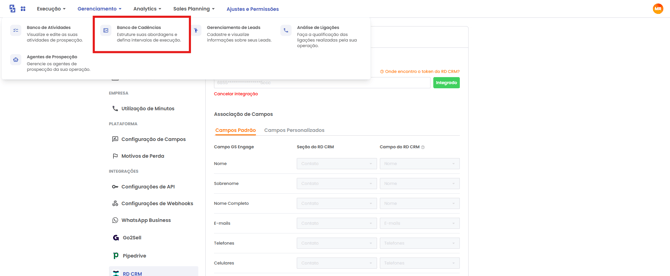 Menu Gerenciamento com acesso ao Banco de Cadências
