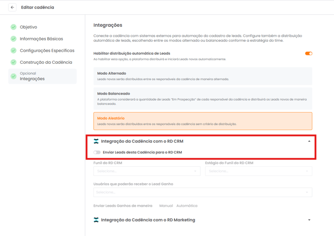 Switch para enviar leads da cadência para o RD CRM ativado