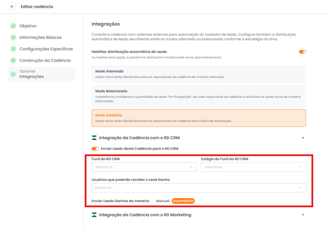 Seleção de Funil e Estágio do RD CRM para os leads