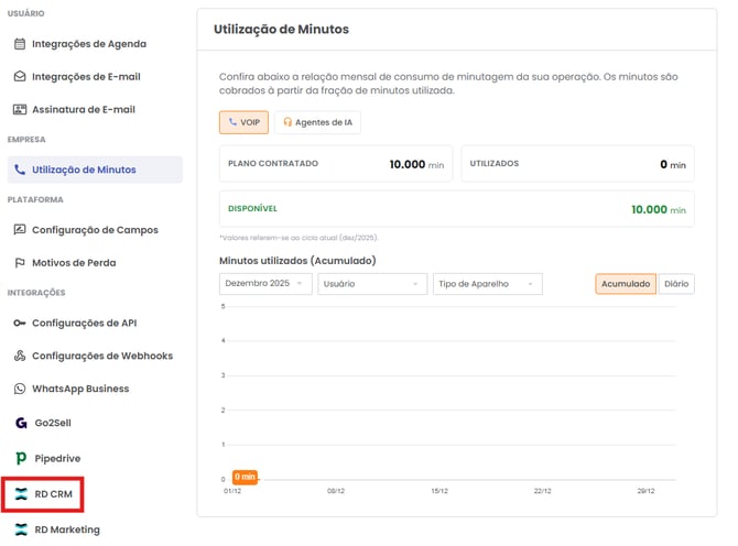 Opção RD CRM na página de Configurações do GS Engage