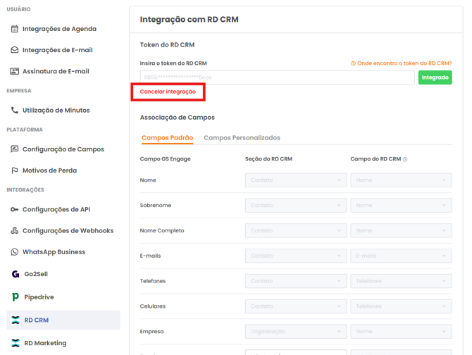 Botão Cancelar integração na configuração do RD CRM