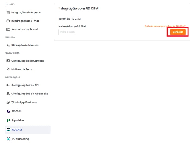 Campo para colar o novo Token do RD CRM e botão Conectar