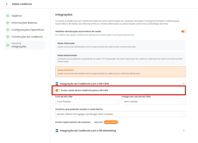 Switch para enviar leads da cadência para o RD CRM desativado