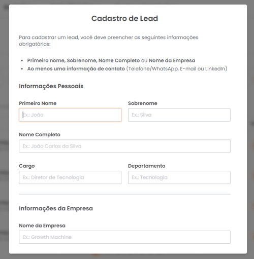 Pop-up de cadastro individual com campos de informações pessoais, empresa e contato