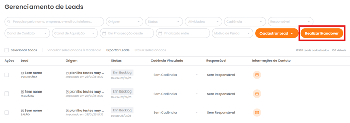Botão Realizar handover na página de Gerenciamento de Leads