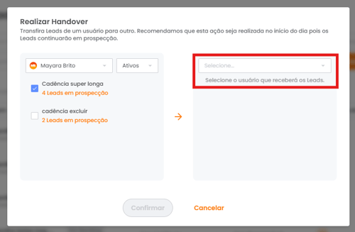 Seleção do usuário de chegada dos leads no handover