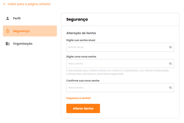 Formulário para informar a senha atual e a nova senha