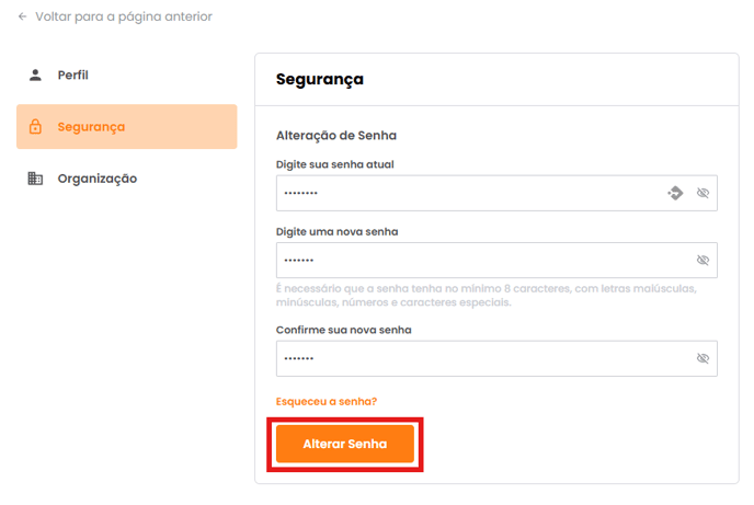 Botão Alterar Senha na tela de segurança
