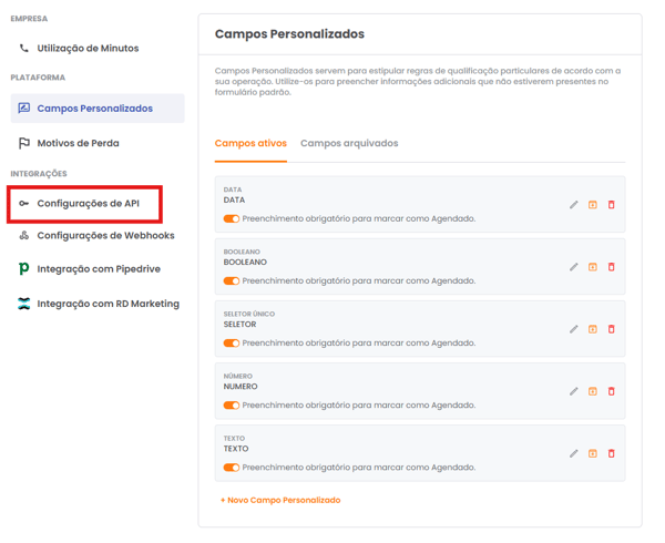Seção Configurações de API nos ajustes do GS Engage