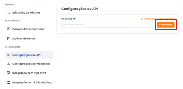 Botão Criar chave nas Configurações de API