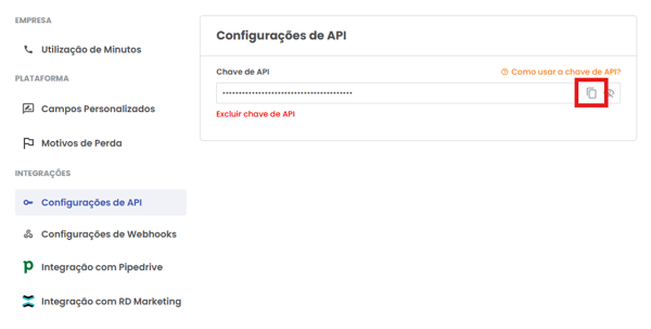 Chave de API gerada pronta para ser copiada