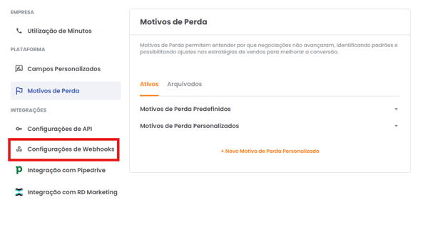 Seção Configurações de Webhook nos ajustes