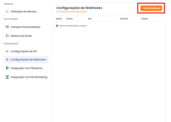 Botão +Novo Webhook na tela de configurações