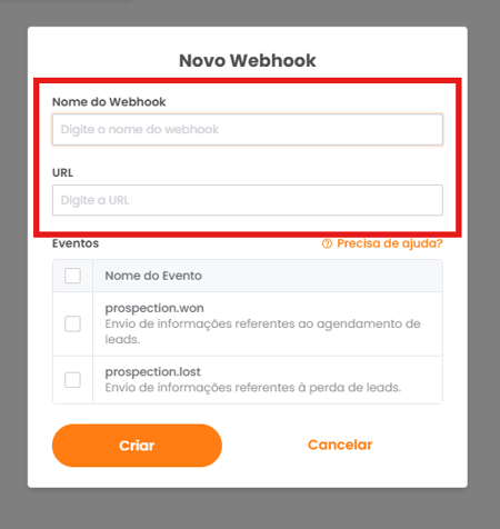 Modal de criação de Webhook com os campos Nome e URL